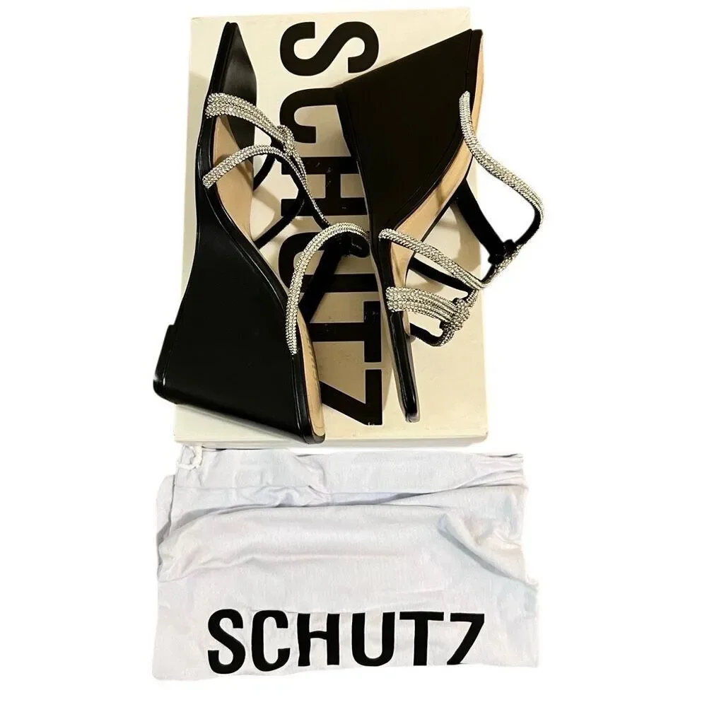NEW SCHUTZ Lauryn Wedge Black Leather Metallic Wedge Block heel square toe 8 - Picture 4 of 6